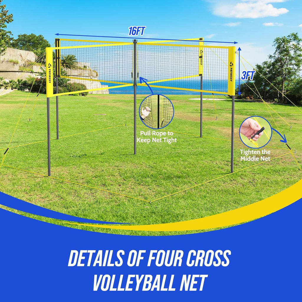 Patiassy 4-Way Volleyball Net Set with Ball & Carry Bag (Yellow)