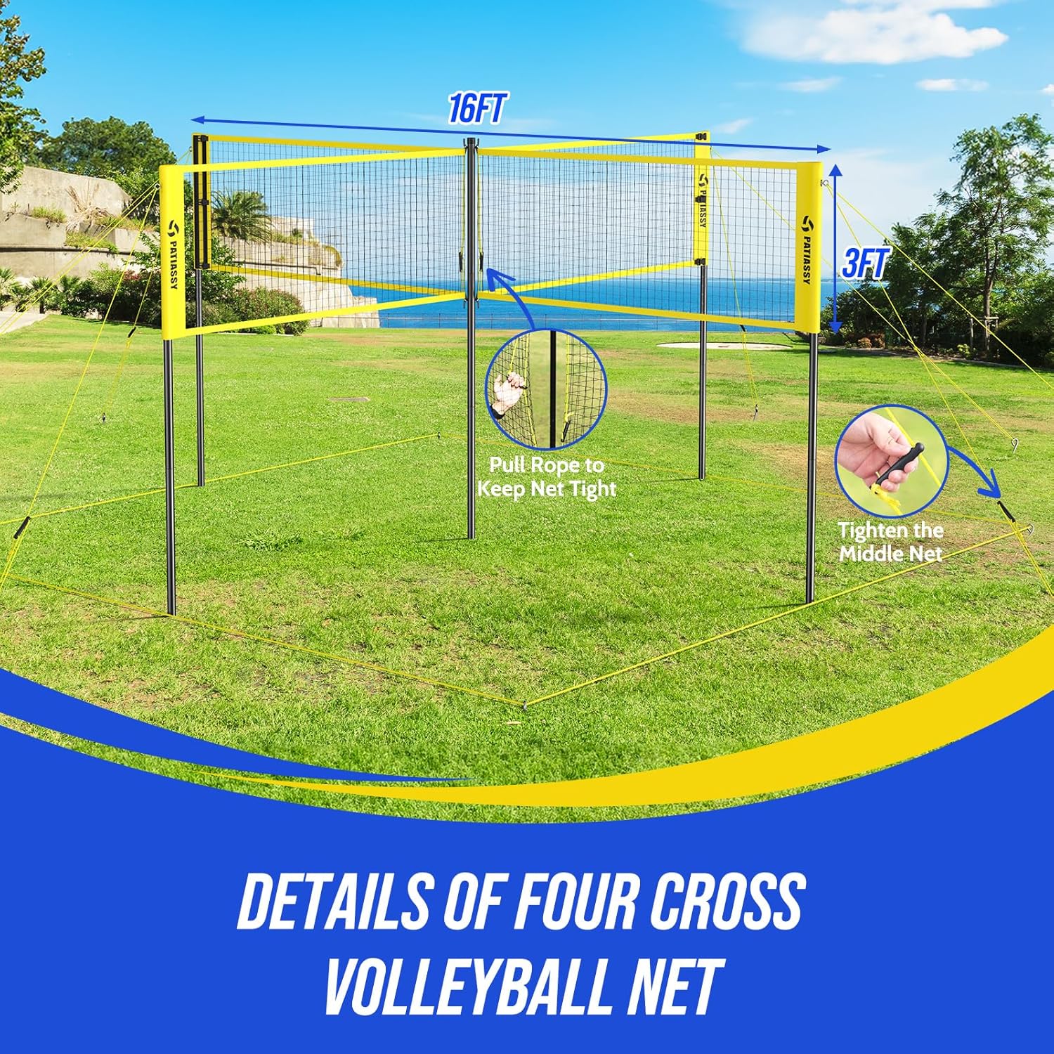 Patiassy 4-Way Volleyball Net Set with Ball & Carry Bag (Yellow)