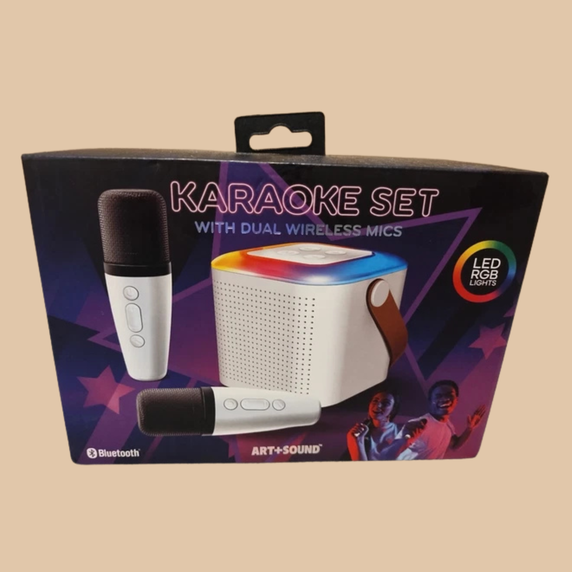 Karaoke Set Dual Wireless Mics Bluetooth Art + Sound LED RGB Lights Portable NEW