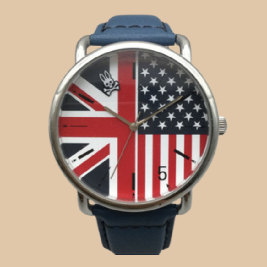 Psycho Bunny Watch Men 42mm Silver Tone US Flag Union Jack Leather
