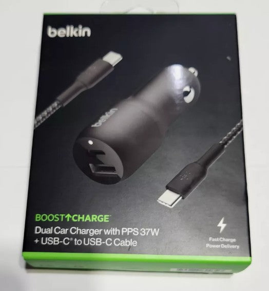 Unused Black Belkin 37W Dual USB Car Charger + USBC to USBC Cable in Retail Pkg