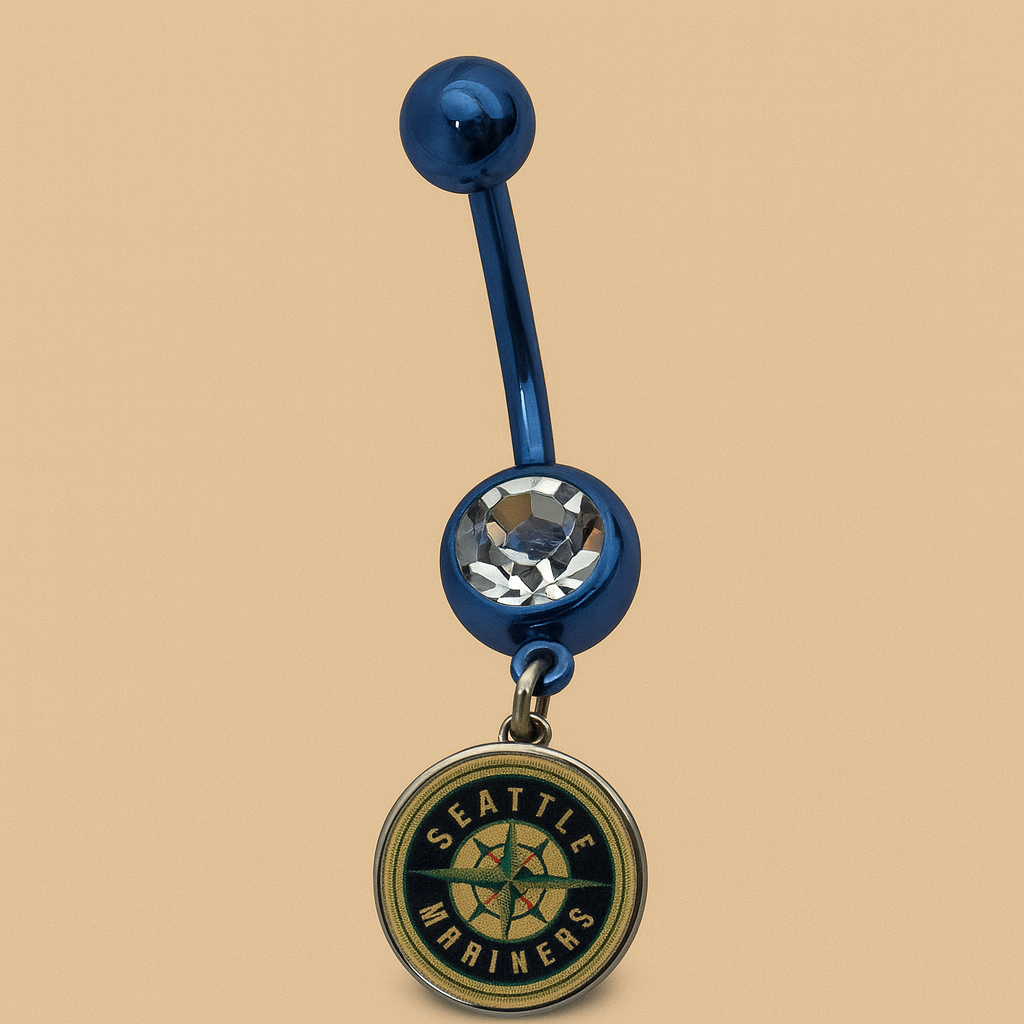MLB Seattle Mariners Blue Anodized Belly Ring with Clear Gem