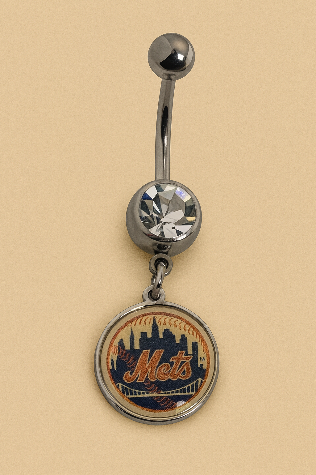 MLB New York Mets Stainless Steel Belly Ring with Clear Gem