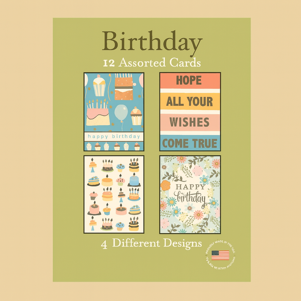 Fantus Paper Products Birthday Cards – 12 Assorted Cards, 4 Unique Designs