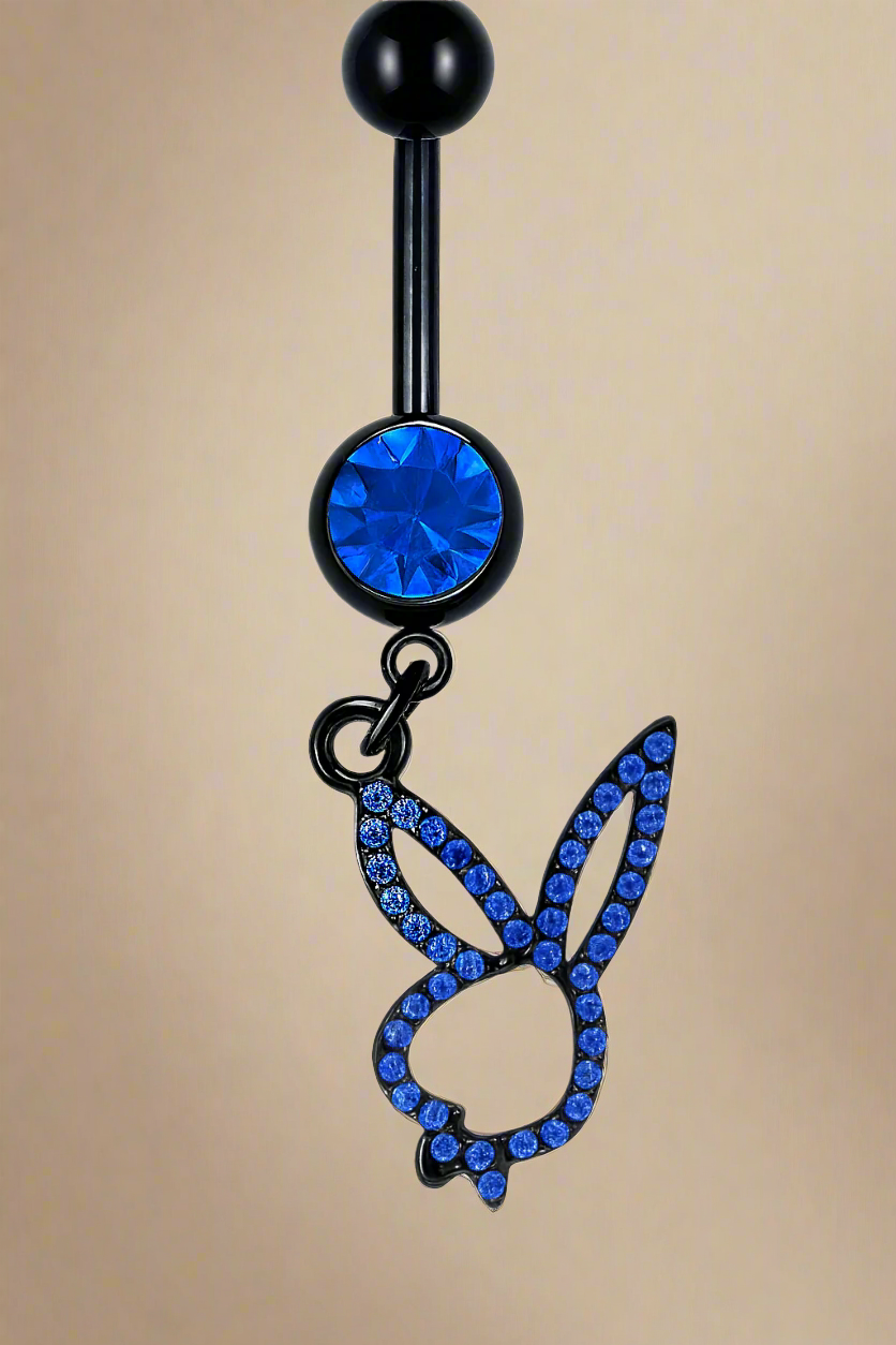 Playboy Blue Crystal Bunny Head Belly Ring with Black Bar Stainless Steel