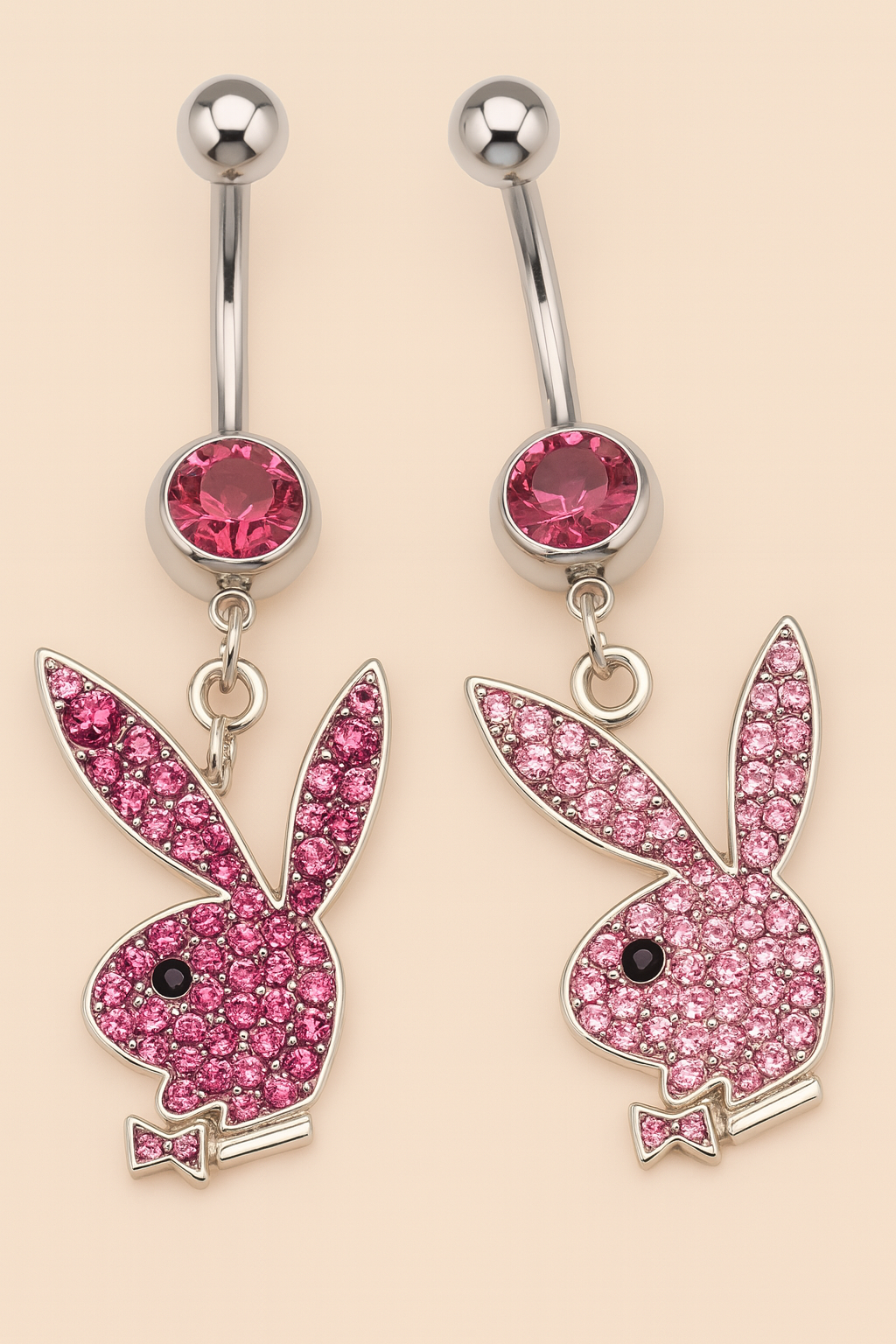 Playboy Red & Pink Crystal Bunny Head Belly Ring Set Stainless Steel