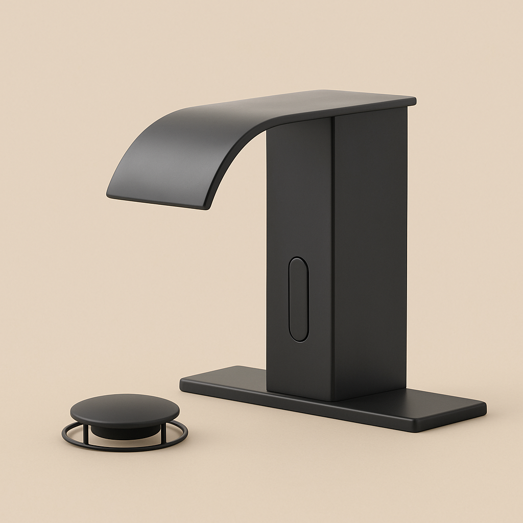 Waterfall Touchless Bathroom Faucet – Matte Black | Sensor-Activated with Pop-Up Drain & Deck Plate