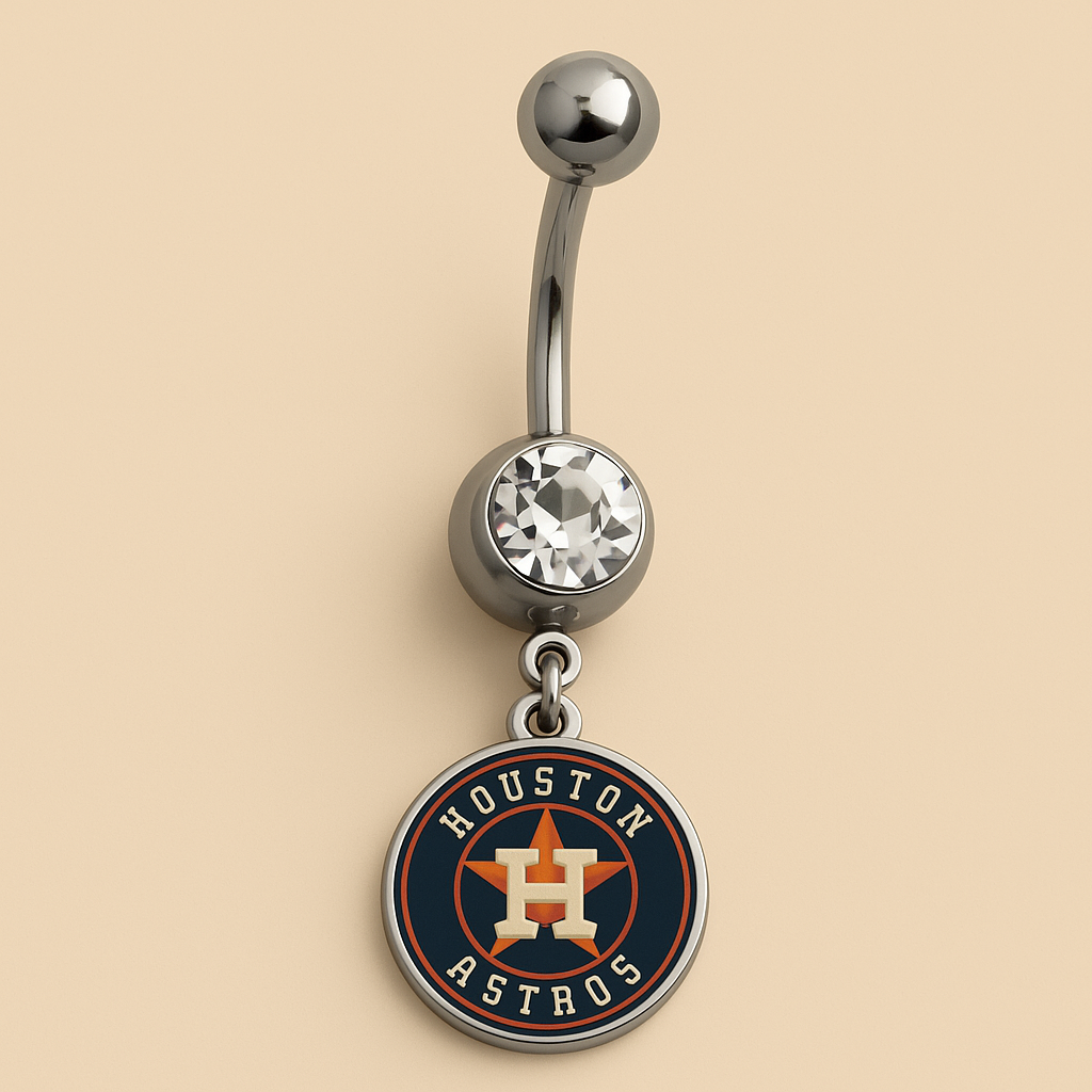 MLB Houston Astros Stainless Steel Belly Ring with Clear Gem