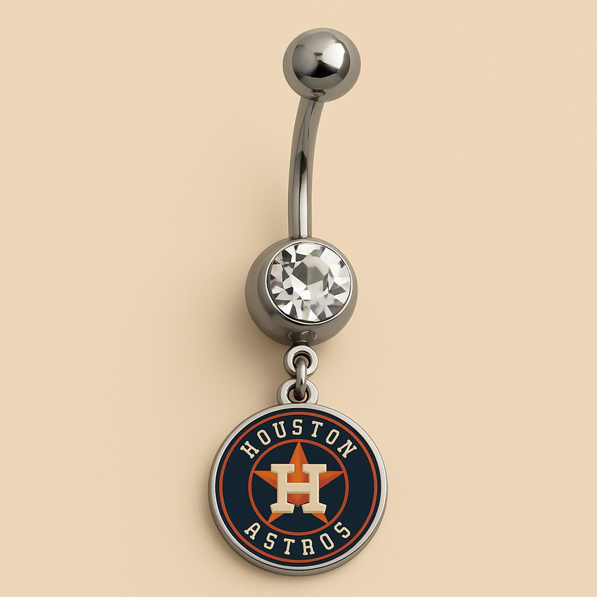 MLB Houston Astros Stainless Steel Belly Ring with Clear Gem