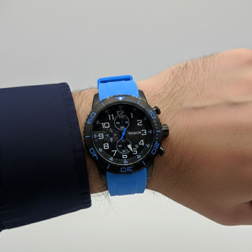 Mason Men’s Stainless Steel Chronograph Watch – Blue Dial with Signature Silicone Strap