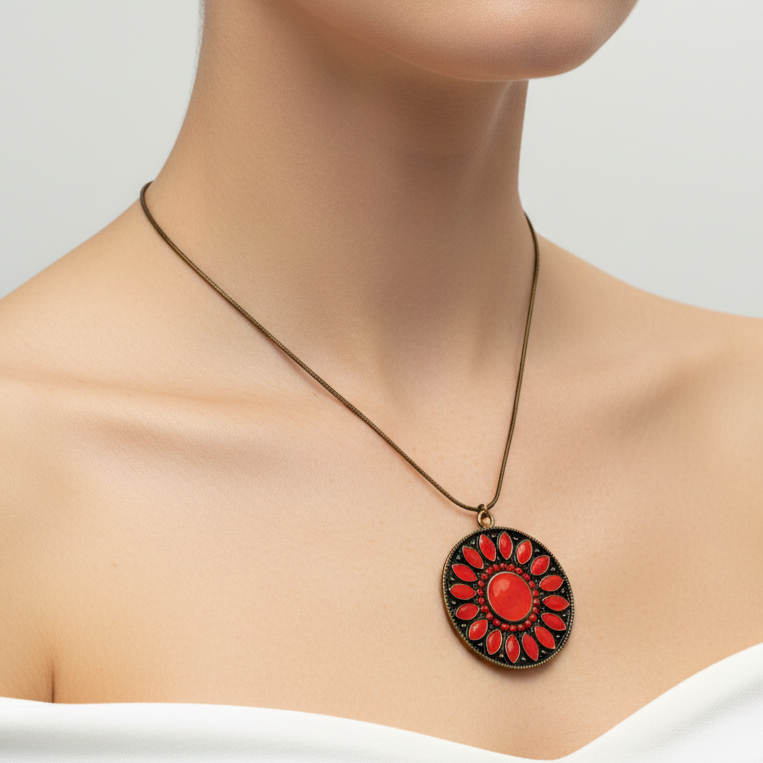 Antique Bronze Snake Chain Necklace with Red Pendant