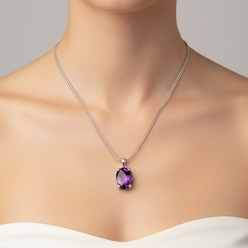 Silver Double-Strand Necklace with Amethyst Pendant