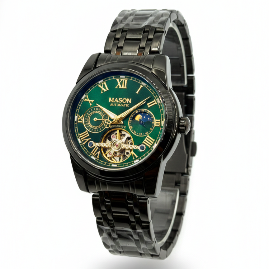 Mason Men’s Automatic Stainless Steel Watch – Black Dial with 24-Hour Subdial