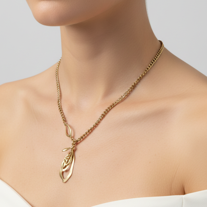 Gold-Tone Curb Chain Necklace with Open Teardrop Pendant
