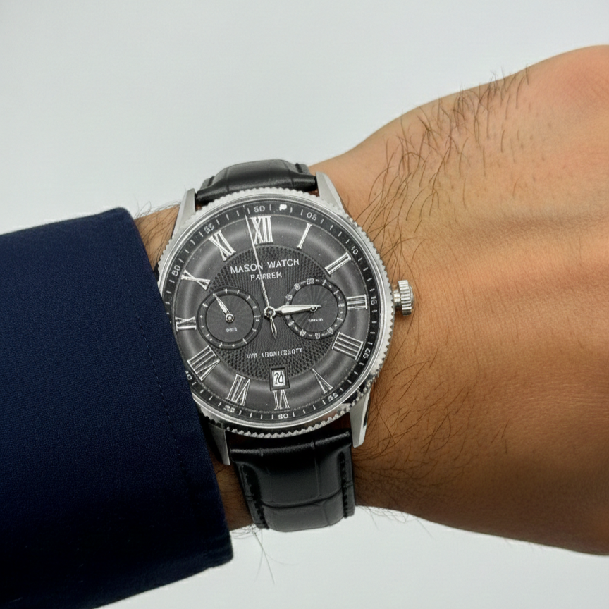 Stainless Steel Mason Parker Collection Men’s Watch – Black Face with Leather Strap