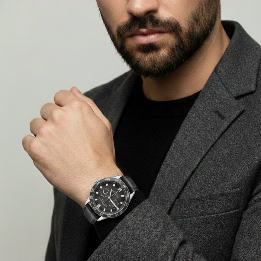 Mason Men’s Automatic Stainless Steel Watch – Black Dial with 24-Hour Subdial