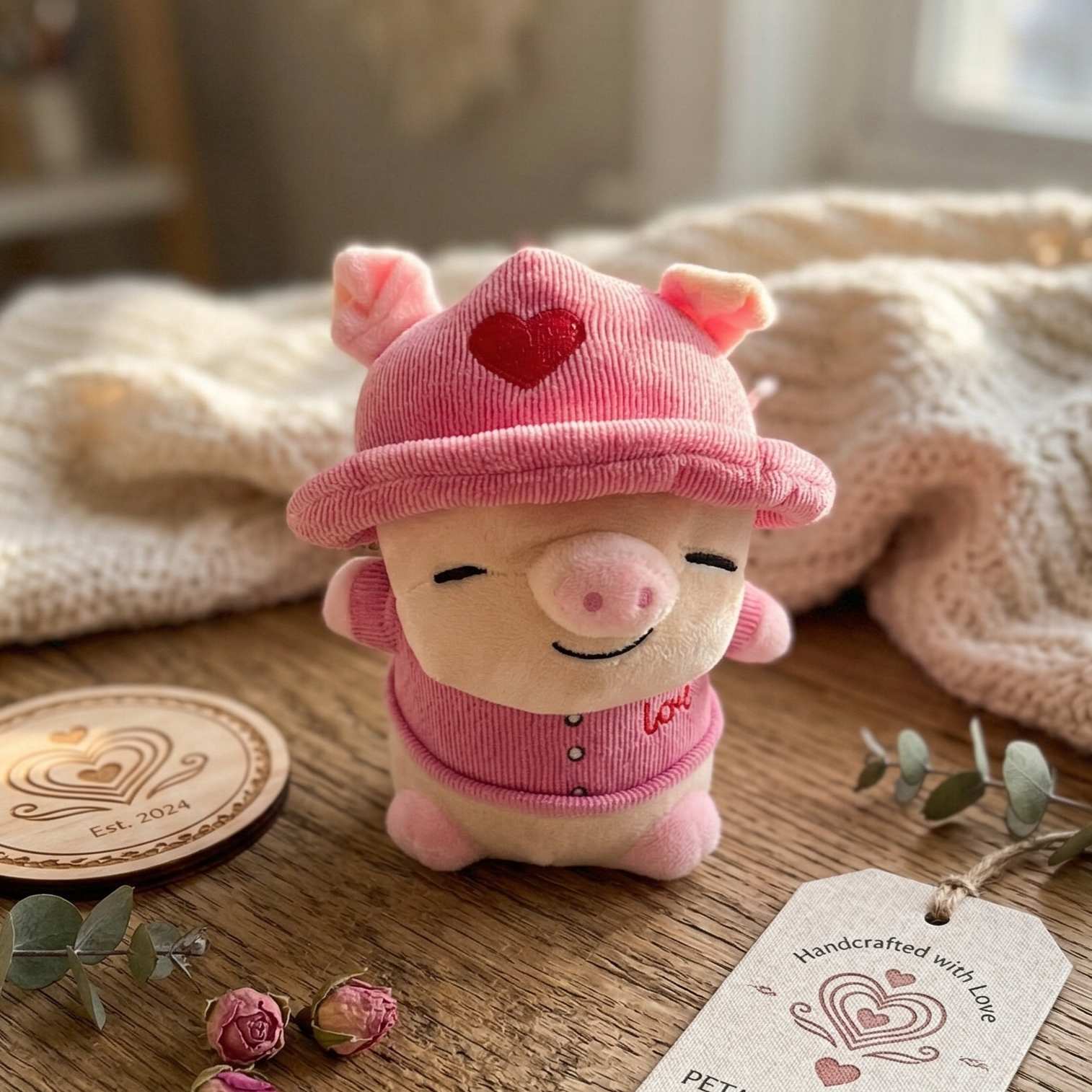 Small Pink Pig Plush Toy with Hat – 8" to 9" Cute Stuffed Animal Gift