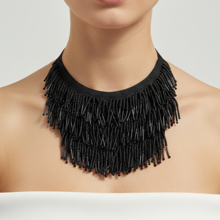 Matte Black Bib-Style Fringe Necklace