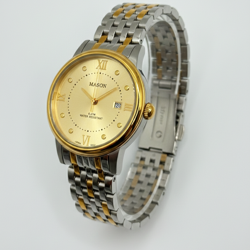 Mason Men’s Gold-Tone Dial Two-Tone Gold-Silver Band Watch – 5 ATM Water Resistant
