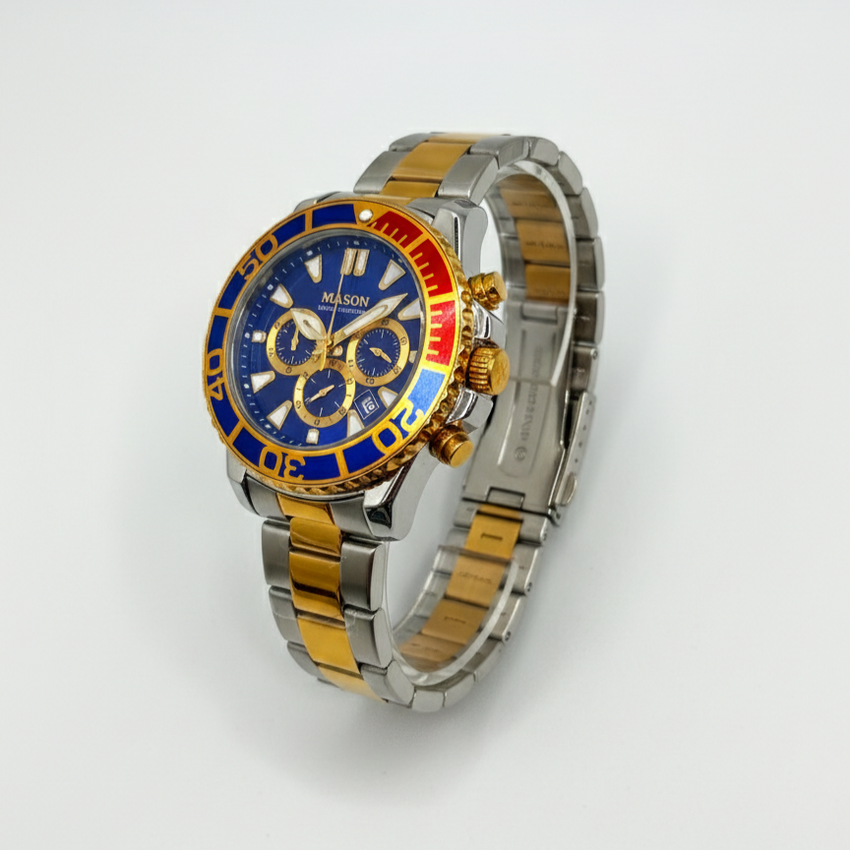 Mason Men’s Two-Tone Gold-Plated Chronograph Watch – Blue Dial Statement Edition