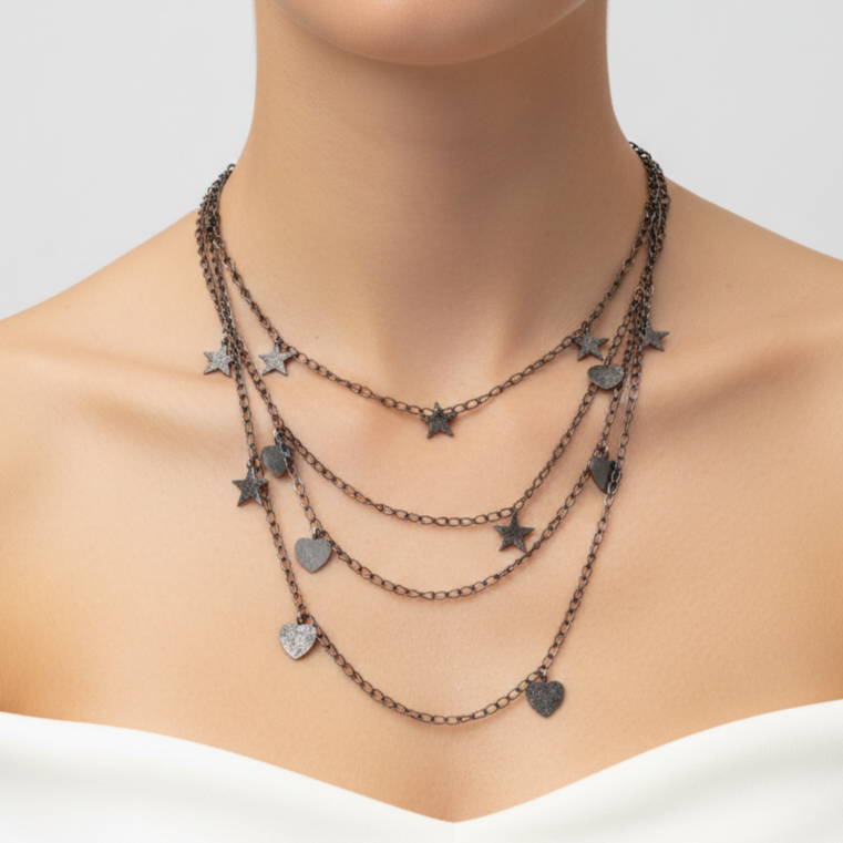 Dark Grey Multi-Strand Necklace with Stars & Hearts
