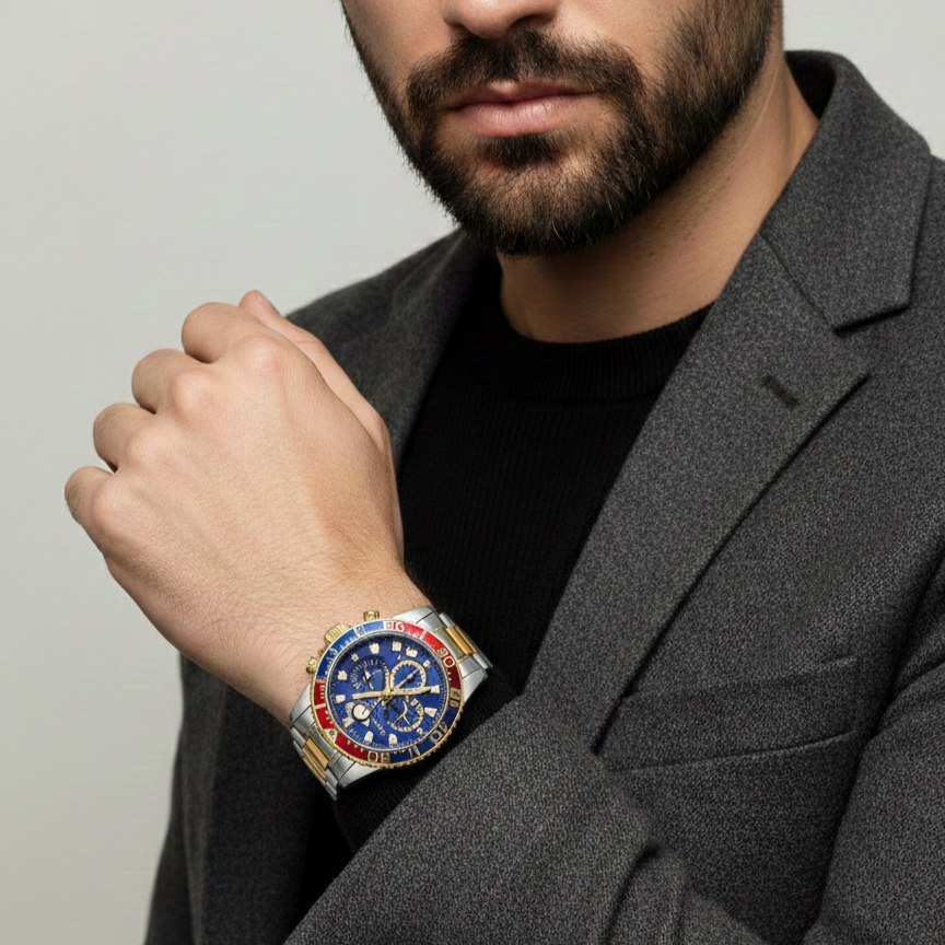Mason Men’s Two-Tone Gold-Plated Chronograph Watch – Blue Dial Statement Edition