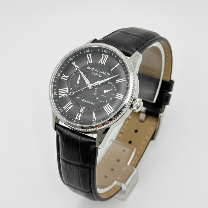 Stainless Steel Mason Parker Collection Men’s Watch – Black Face with Leather Strap