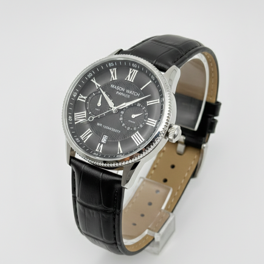 Stainless Steel Mason Parker Collection Men’s Watch – Black Face with Leather Strap