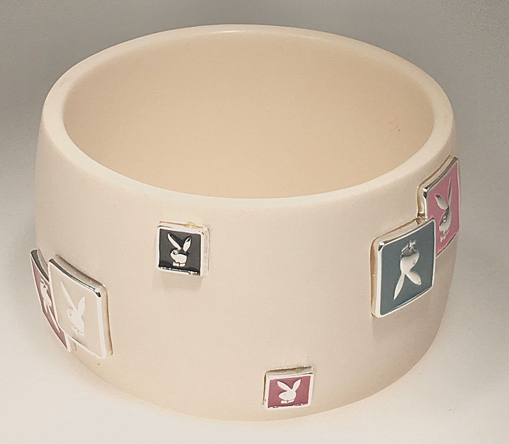 Playboy Bunny 1.75" Wide Bangle Bracelet - Pink w/ enameled metal plaques