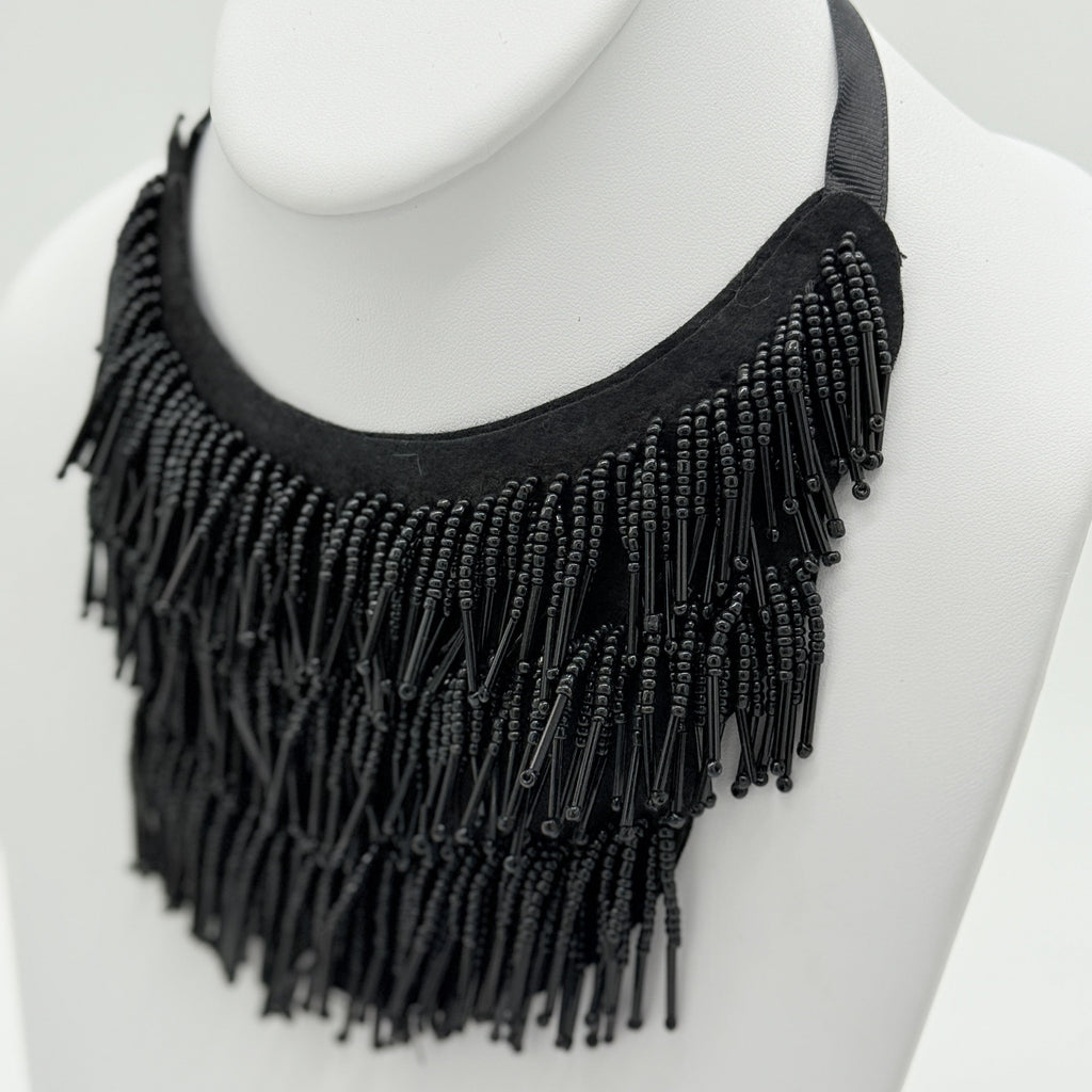 Matte Black Bib-Style Fringe Necklace