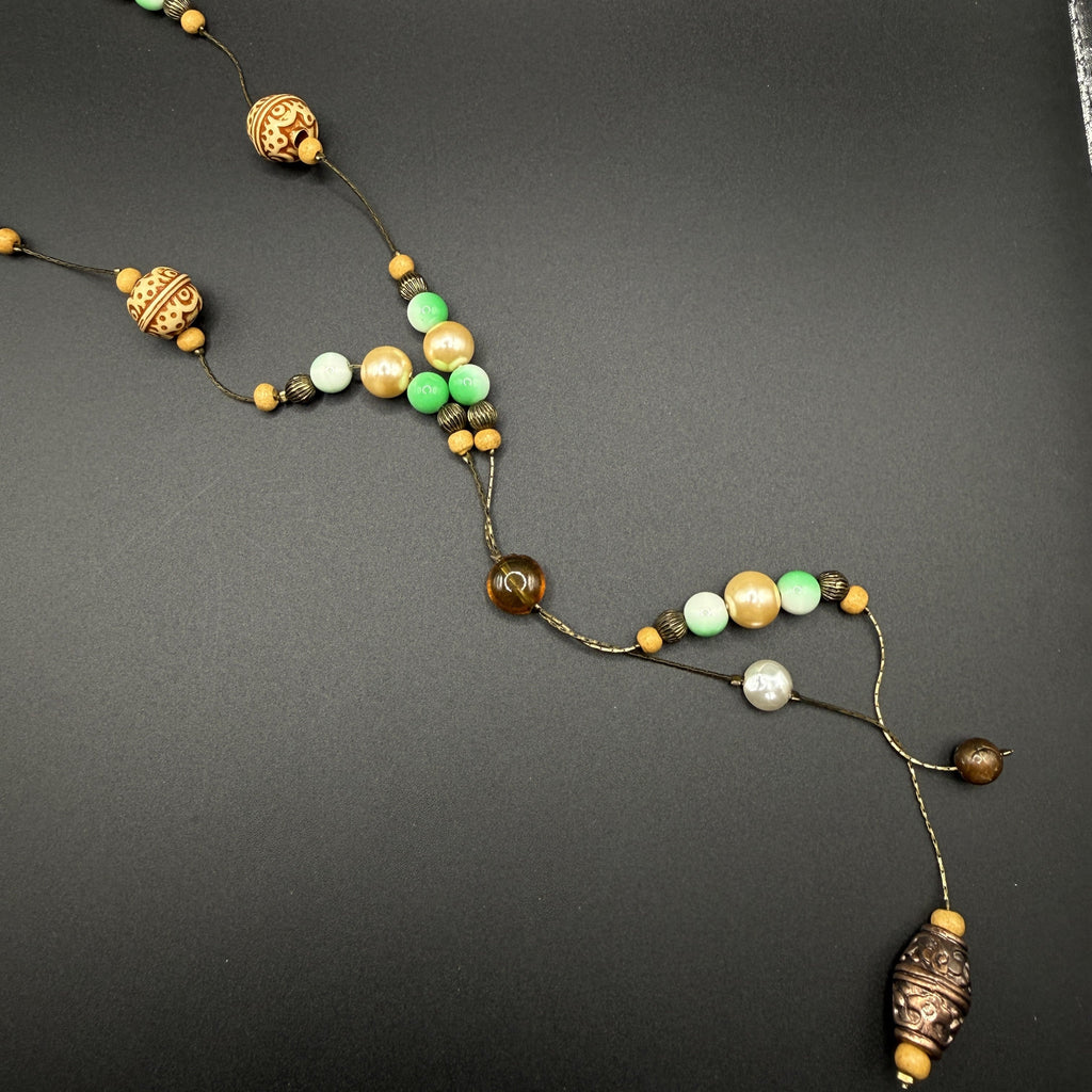Sage Green & Cream Lariat Necklace with Wooden Beads