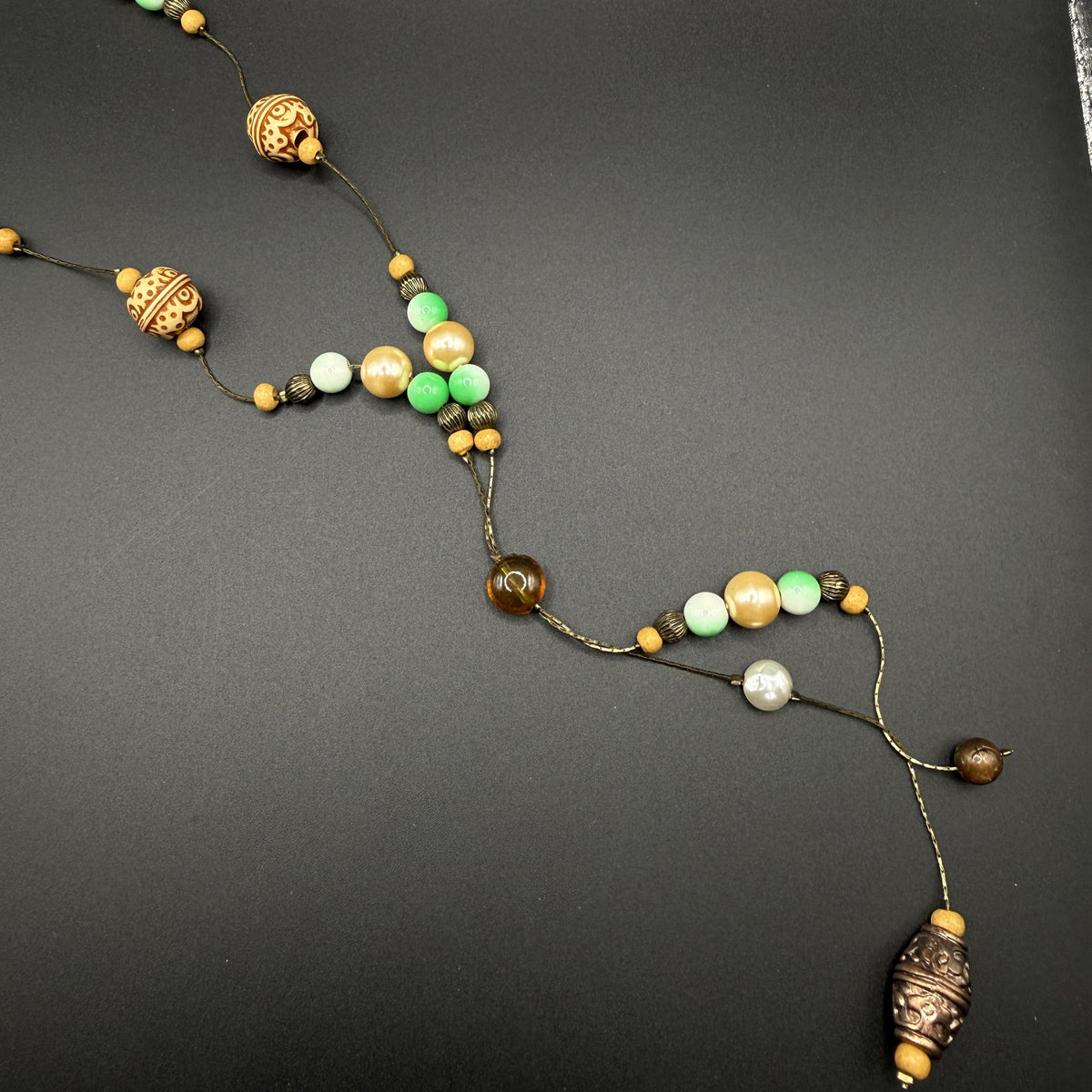 Sage Green & Cream Lariat Necklace with Wooden Beads
