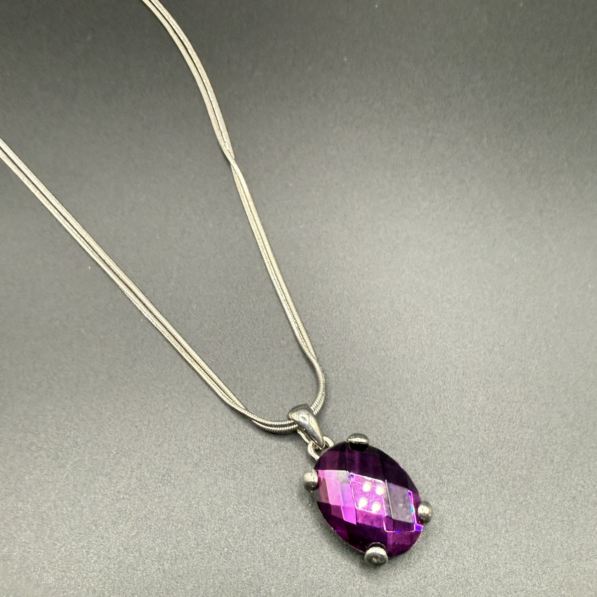 Silver Double-Strand Necklace with Amethyst Pendant