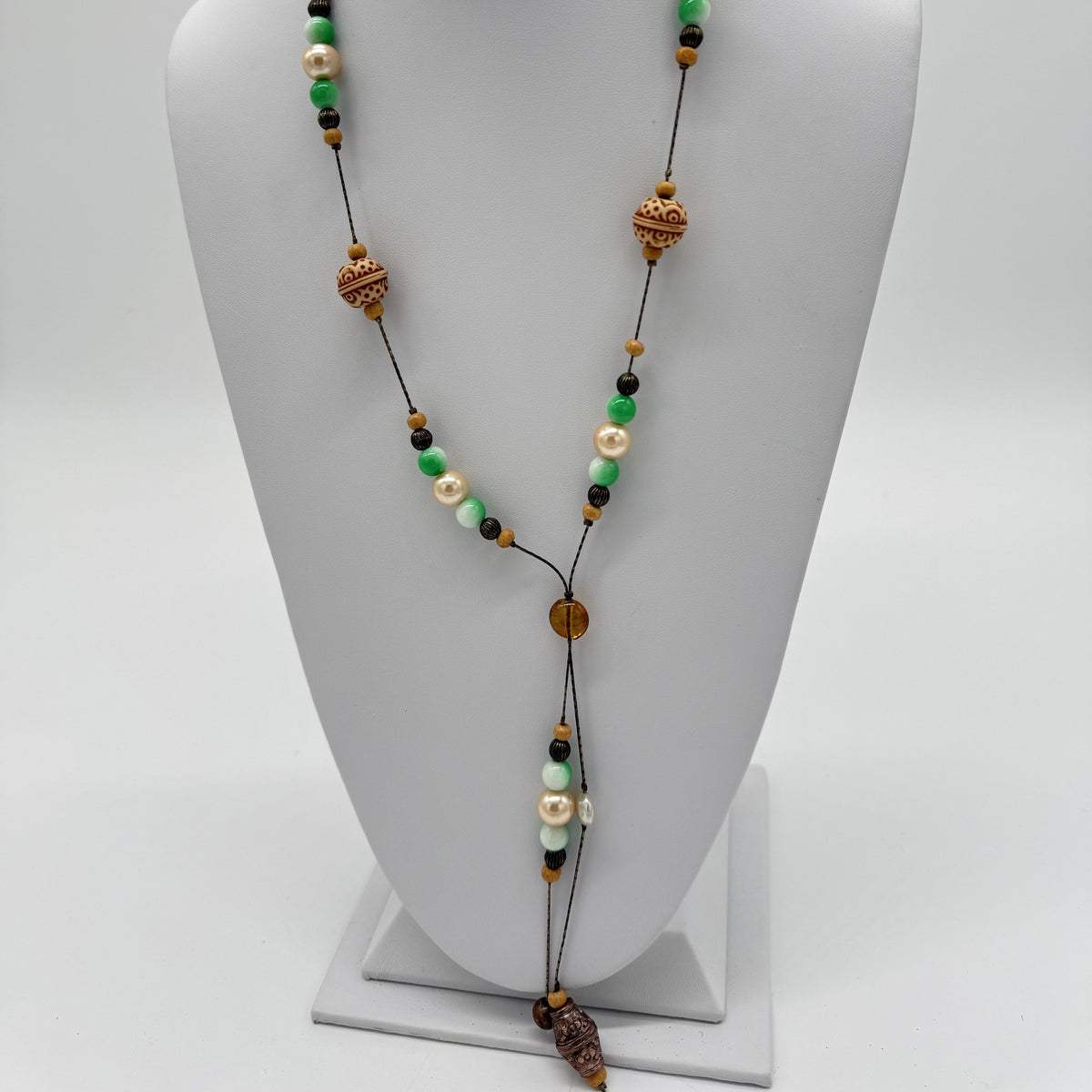 Sage Green & Cream Lariat Necklace with Wooden Beads