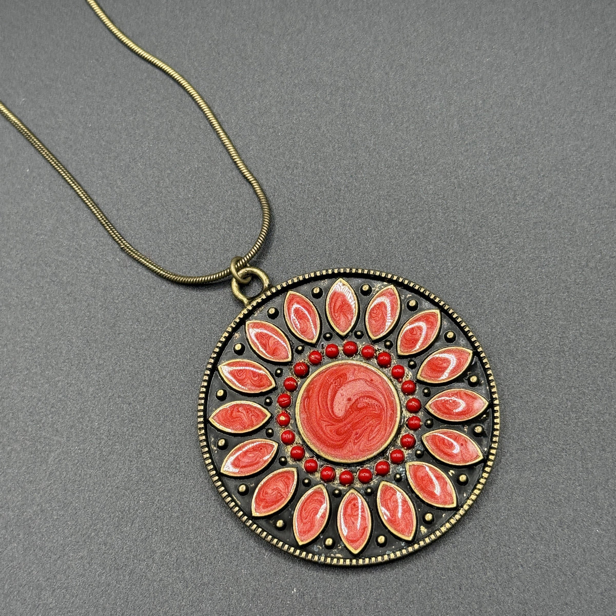 Antique Bronze Snake Chain Necklace with Red Pendant