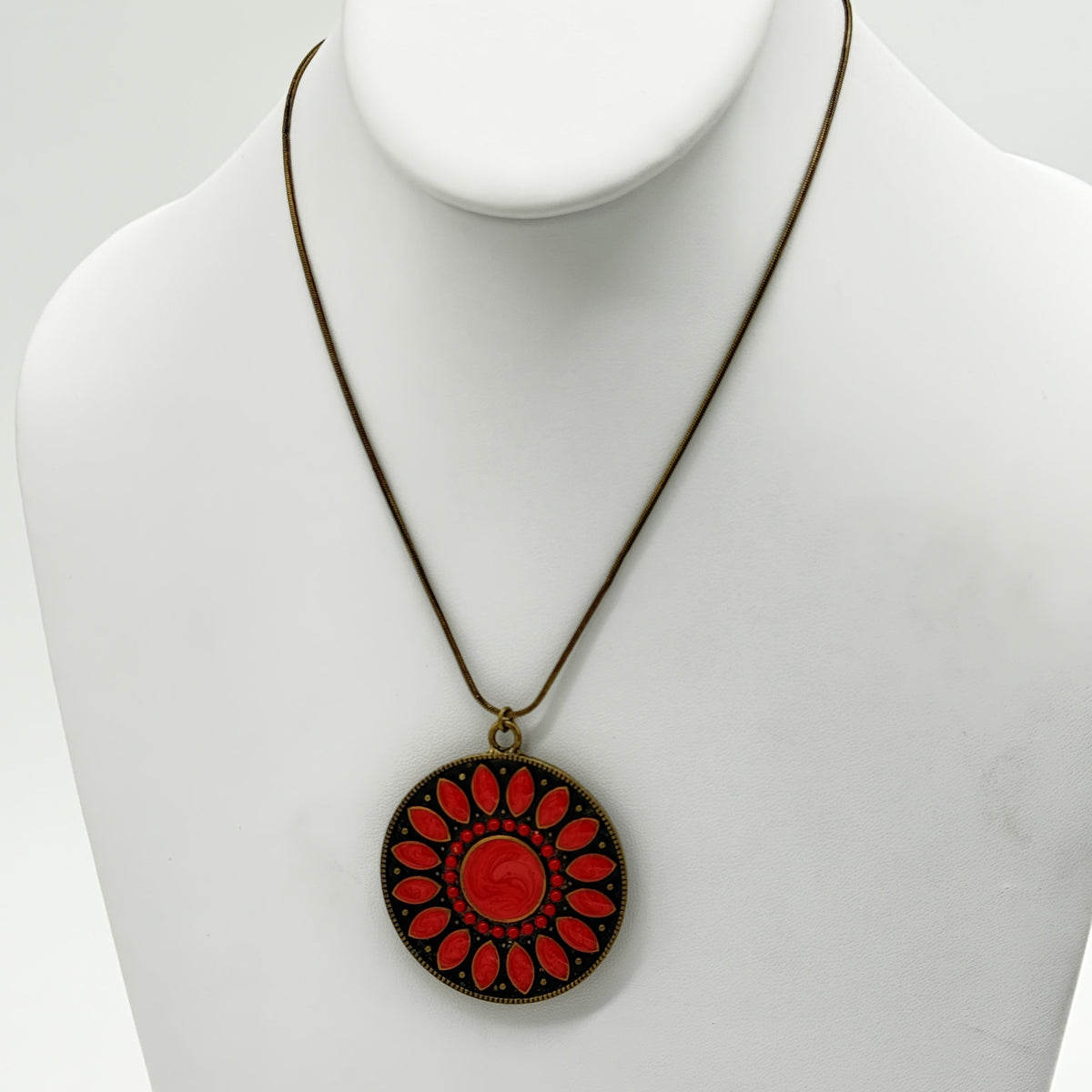 Antique Bronze Snake Chain Necklace with Red Pendant