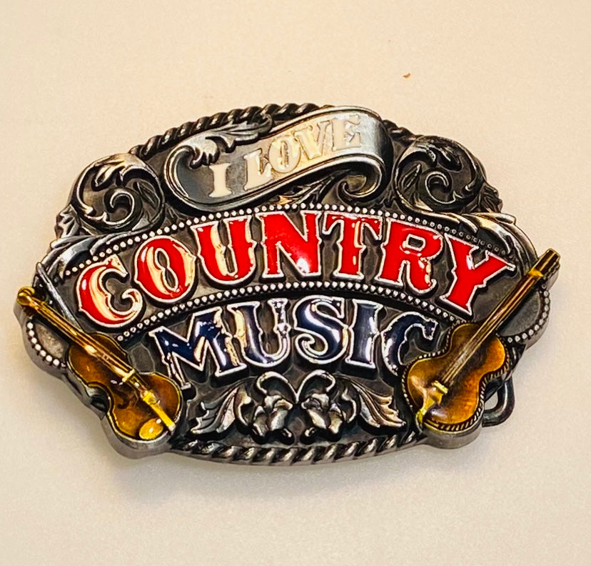 Vintage Belt Buckle – "I Love Country Music" Pewter & Enamel