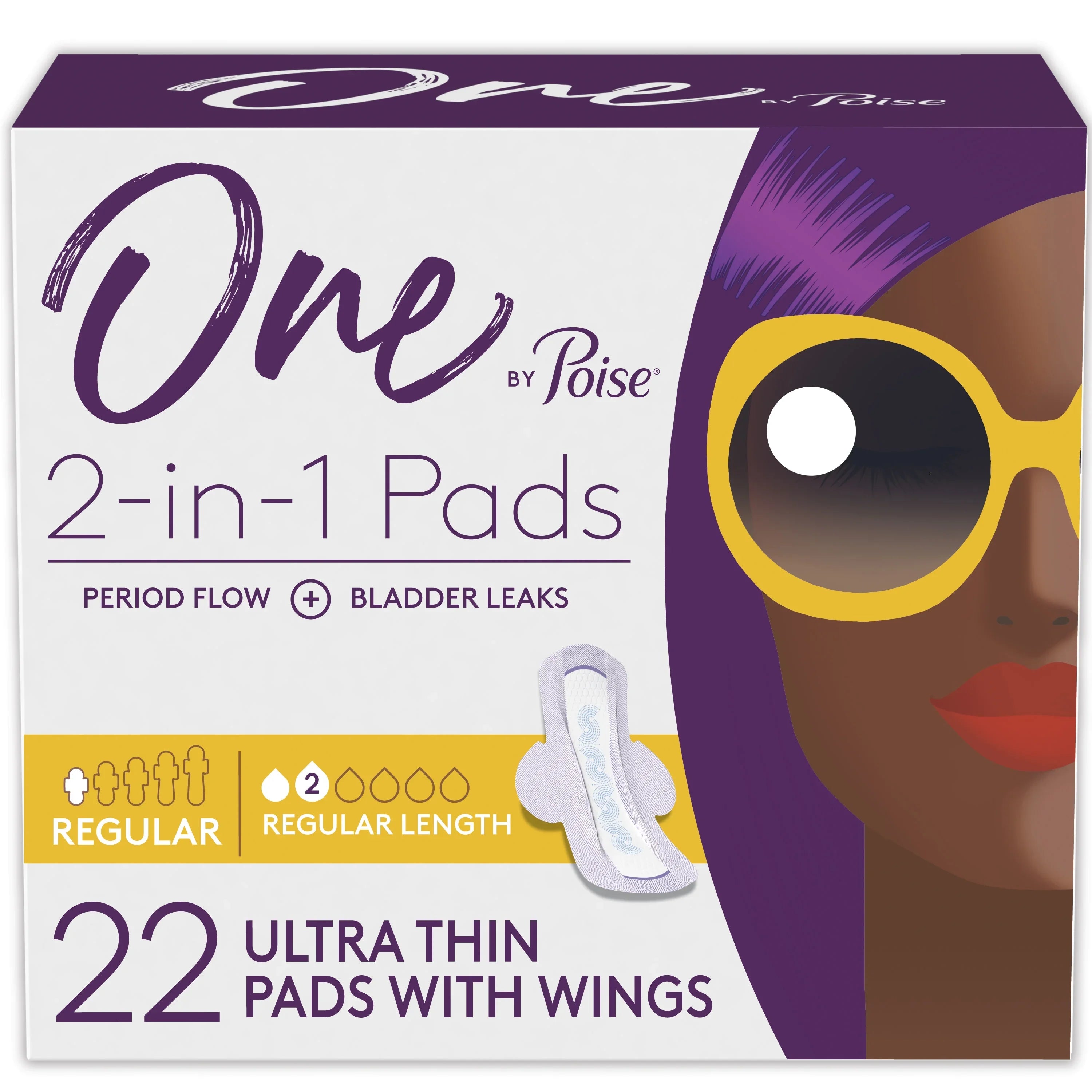 One by Poise Incontinence or Period Pads Regular Flow Ultra Thin Wings 22 Ct