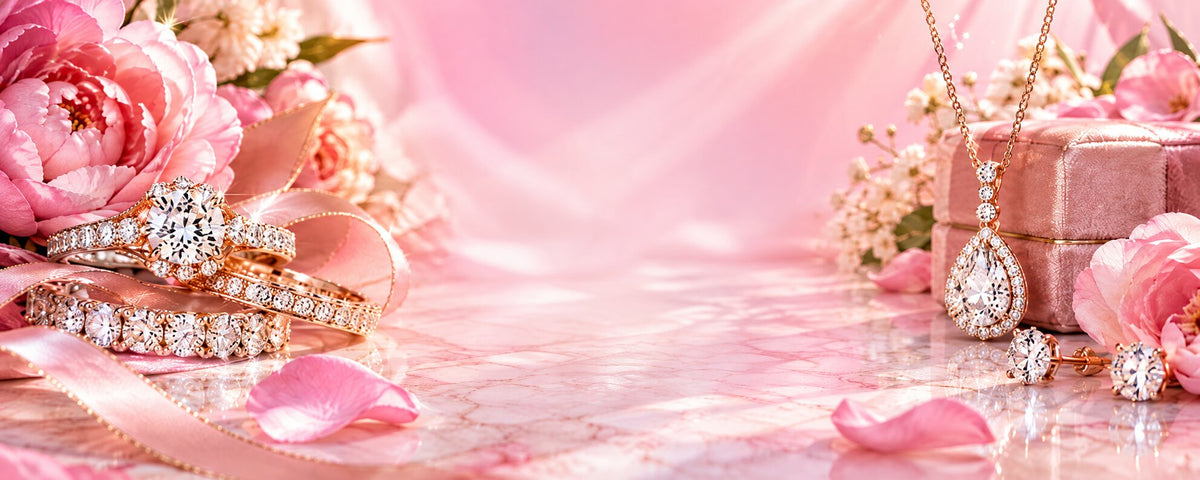 Sparkling jewelry and pink flowers