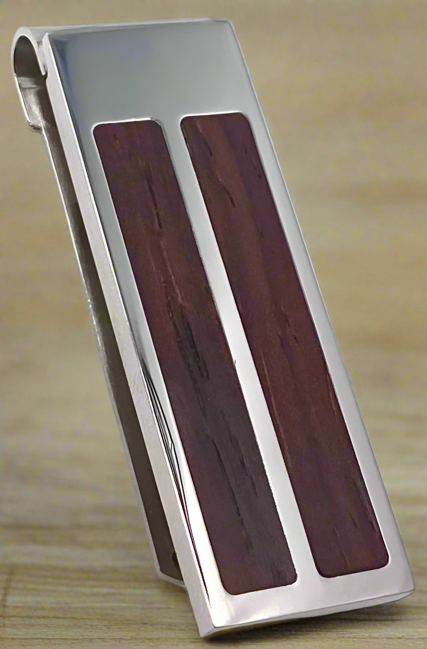 Stainless Steel Money Clip with Brown Wood Inlay Strips