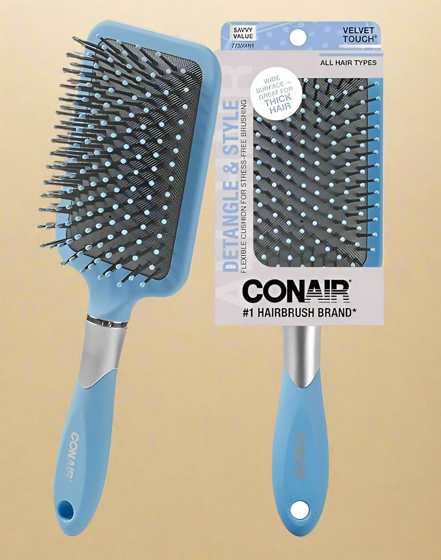 Conair Velvet Touch Paddle Cushion hair brush - Detangling hairbrush - curly or straight styles - men or women - detangler - features soft touch handle - Blush BLUE