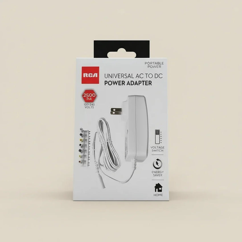 RCA Universal AC Power Adapter 3–12V 2500mA – Multi-Voltage Charger with 7 Tips