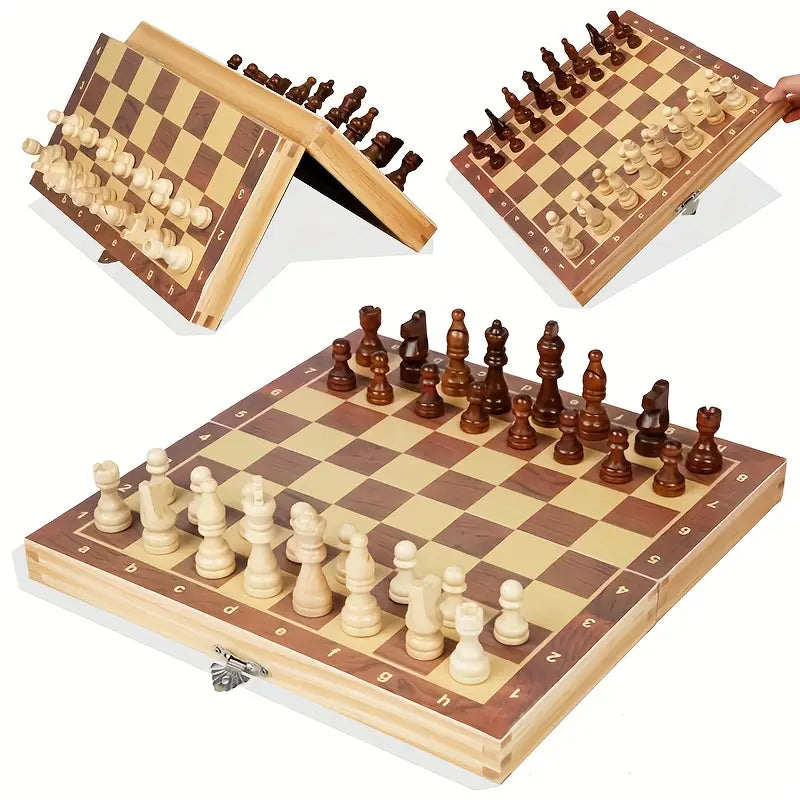 Deluxe 3-in-1 Wooden Chess Set with Checkers & Dual Lands - Includes Portable Folding Storage Box