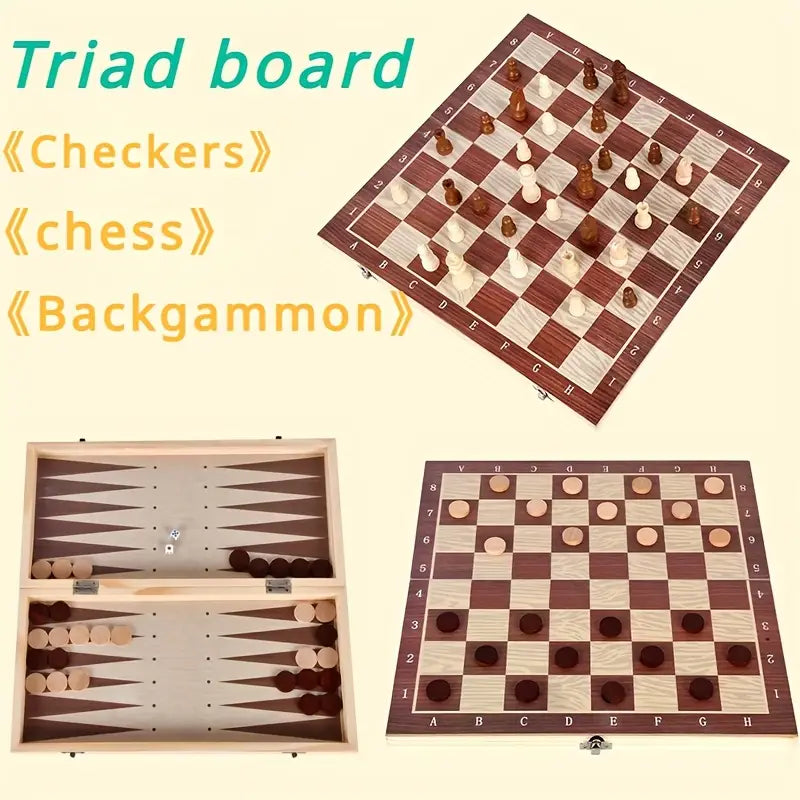 Deluxe 3-in-1 Wooden Chess Set with Checkers & Dual Lands - Includes Portable Folding Storage Box