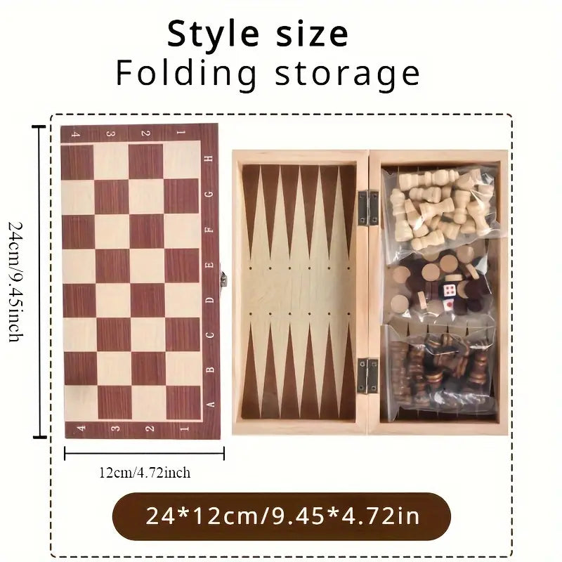 Deluxe 3-in-1 Wooden Chess Set with Checkers & Dual Lands - Includes Portable Folding Storage Box