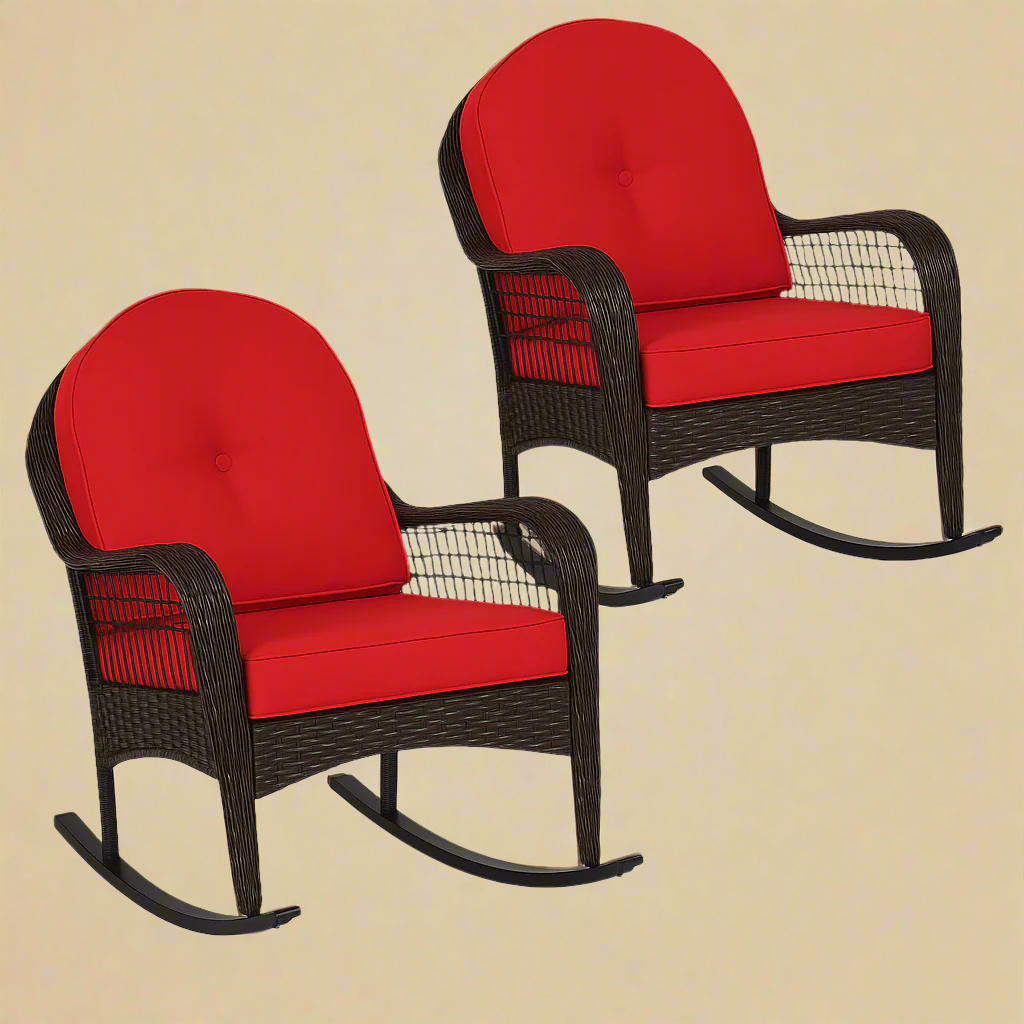 Wicker Outdoor Rocking Chair Set – 2-Pack with Cushioned Orange Seating