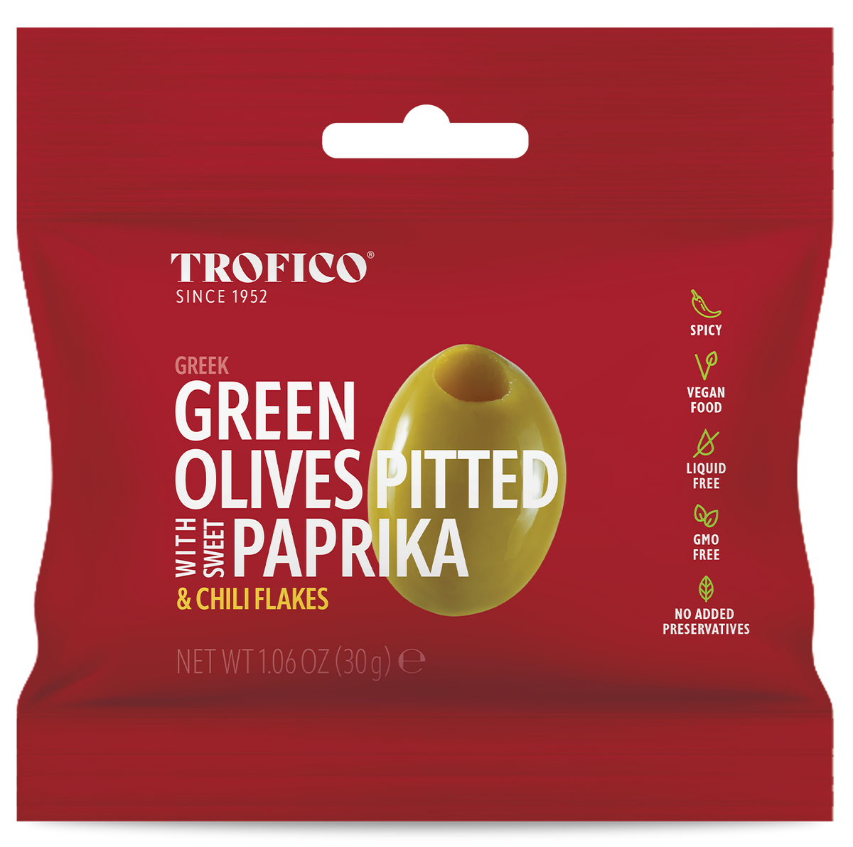 Trofico Greek Green Pitted Olives with Garlic & Chili Flakes