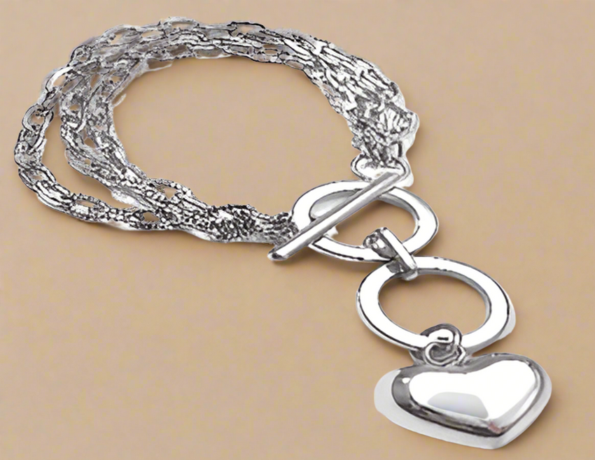 Fashion Polish Heart Charm 3 Chain Bracelet 7" in a Box
