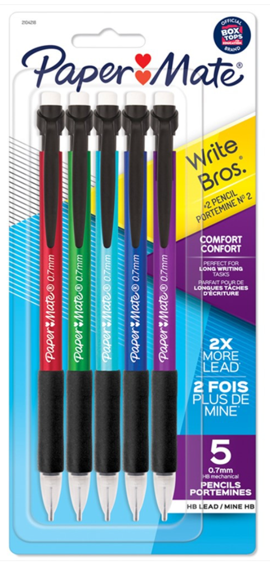 Write Bros Comfort Mechanical Pencil 5-Pack (0.7mm, Assorted Colors) + Wexford Pencil Leads (2-Pack)