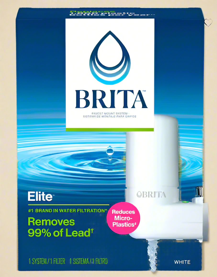 BRITA Elite water filtration system packaging with blue and white design.